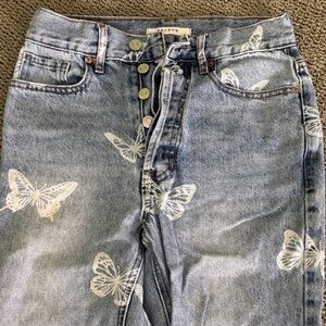 PacSun Women's Light Blue Jeans with White Butterfly Design